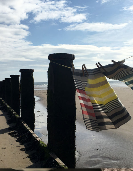 Pure Linen Tea Towel- Poppy, Black and Oatmeal Stripe