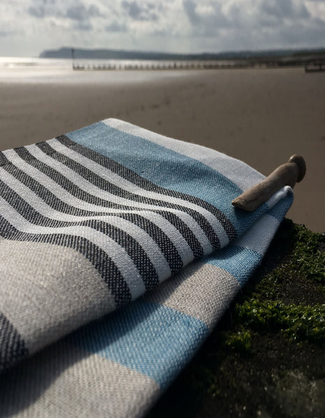 Pure Linen Tea Towel- Blue, Black and Oatmeal Stripe