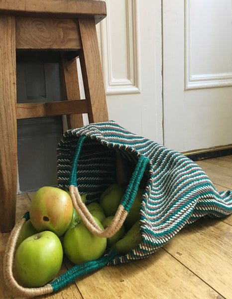 Teal Green Stripey Jute Tote Bag